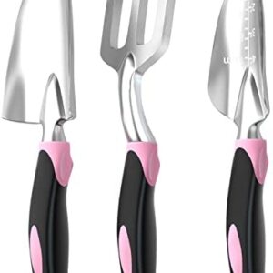 Garden Tool Set SOYUS Heavy Duty 3 Piece Gardening Hand Tools Aluminum Garden Shovel for Planting Hand Trowel Cultivator Rake with Ergonomic Non-Slip Rubber Grip Pink Gardening Gifts for Women