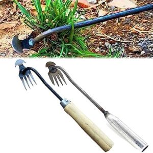 2 Pieces Garden Weeding Rake, New Sharp and Durable with Root Weeding Tool for Home Garden Shovel, Backyard Loosening Farm Planting Weeding. (11.8 inch Iron + Wood Handle)