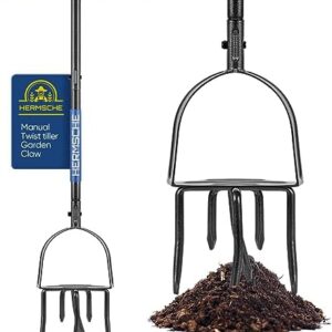 Hermsche Garden Tiller Manual Hand Tiller Garden Claw Cultivator Twist Tiller for Gardening Tool Long Handle Adjustable Steel Heavy Duty Lawn Aerator Soil Loosener Garden Tool Bed Plant Flower Box