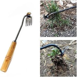 New Weeding Artifact – Uprooting Weeding Tool, Weed Puller – 4 Teeth Manganese Steel Forged Hand Weeder – Dual Purpose Hand Remover for Garden Yard Farm Weed Removal (Wooden Handle)