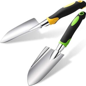 2 Pcs Garden Trowel Hand Shovel Tool Soil Scoop with Soft Rubberized Non Slip Handle Aluminum Alloy Potting Shovel for Digging Planting (Yellow, Green)