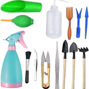 14Pcs Mini Garden Tools Set,Succulent Transplanting Miniature Fairy Garden Planting Gardening Hand Tools Set Include Pruner, Mini Rake, transplanters etc(Color Random)