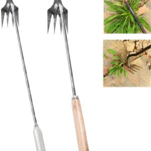 2023 New Weeding Artifact Uprooting Weeding Tool, Premium Manganese Steel Forged Weed Puller 4 Teeth Dual Purpose Weeder, Hand Weeder Tool for Gardening with Long Handle (Iron Handle+Wooden Handle)