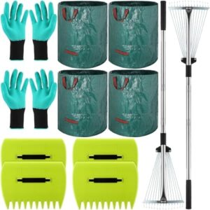 14 Pcs Gardening Leaf Rake Set, 2 Pcs Adjustable Metal Leaf Rake 4 Pcs Leaf Scoops Hand Rakes 4 Pcs 72 Gallons Garden Bag 4 Pcs Gloves Leaf Collector for Leaves Grass Lawn Clippings Trash